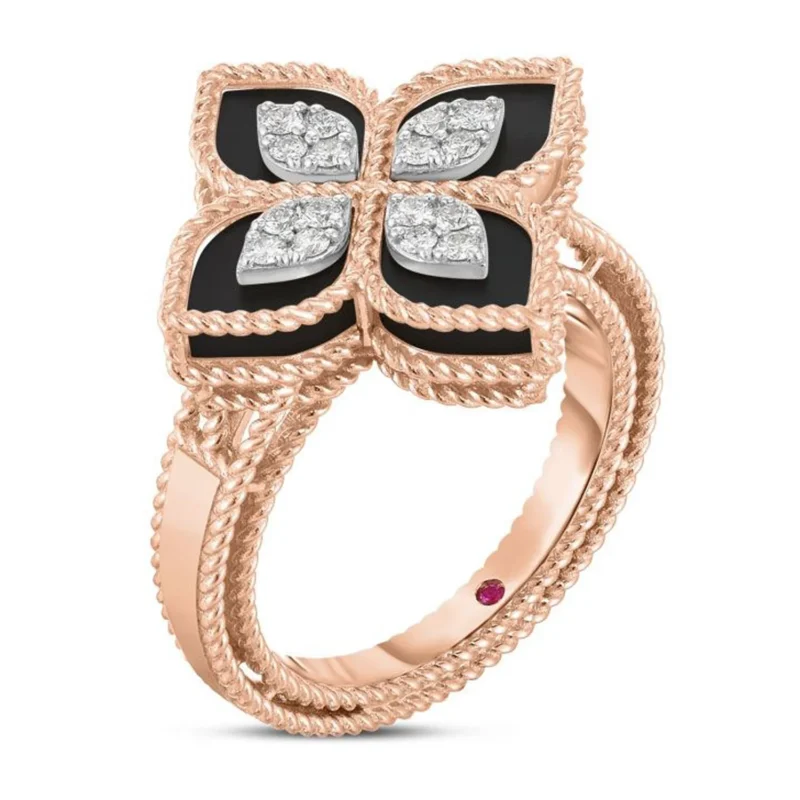 Rose Gold Diamond & Black Jade Princess Flower Ring - 2cm