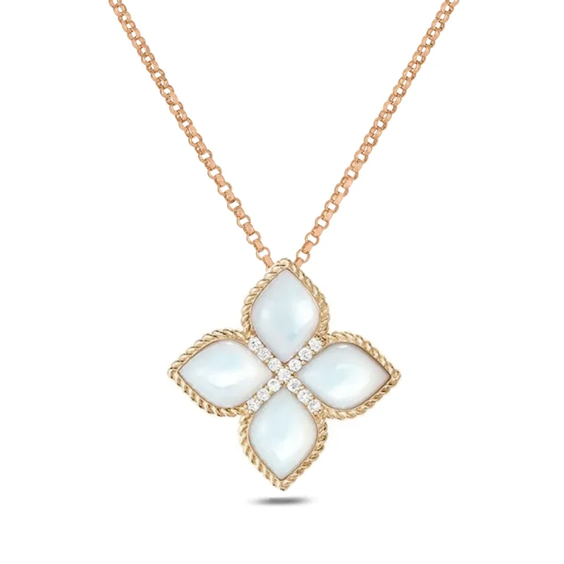 Rose Gold Diamond & Mother of Pearl Princess Flower Pendant - 2cm