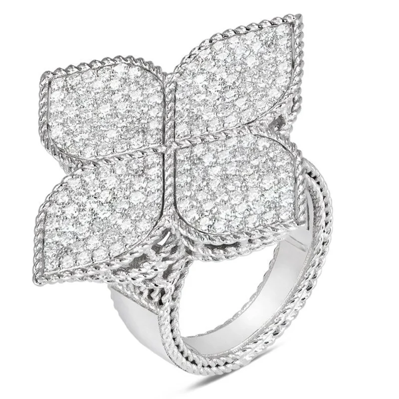 White Gold White Diamonds Princess Flower Ring - 3.5cm