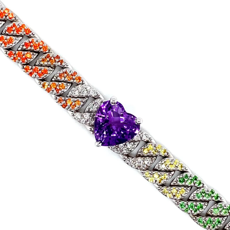 White Gold Multi Coloured Cuban Chain Bracelet - Image 2