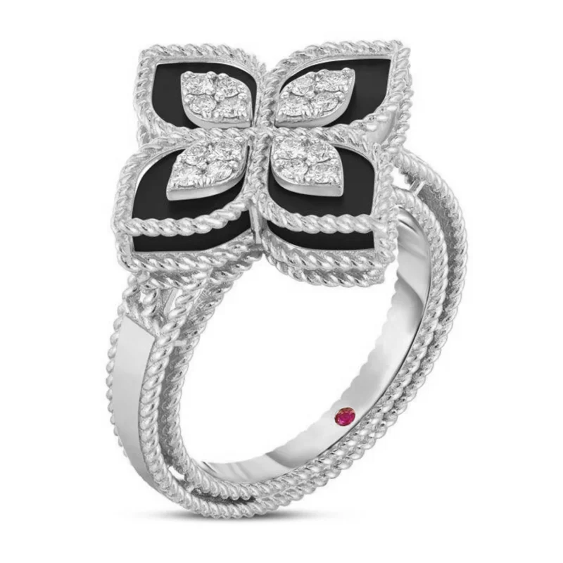 White Gold Diamond & Black Jade Princess Flower Ring - 2cm