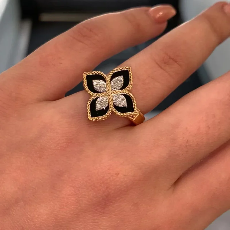 Rose Gold Diamond & Black Jade Princess Flower Ring - 2cm - Image 3