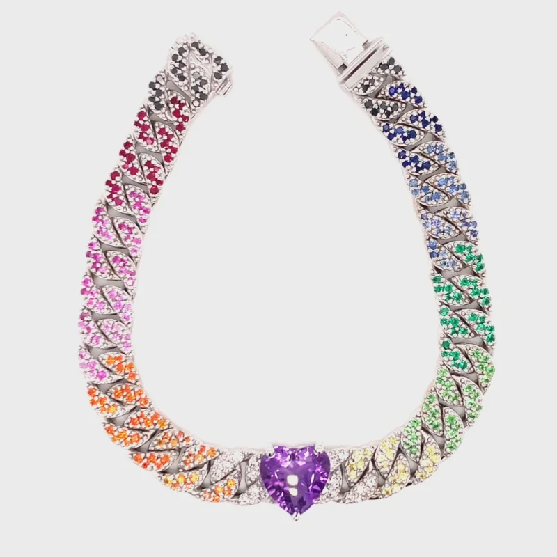 White Gold Multi Coloured Cuban Chain Bracelet - Image 4