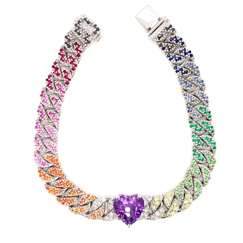 White Gold Multi Coloured Cuban Chain Bracelet